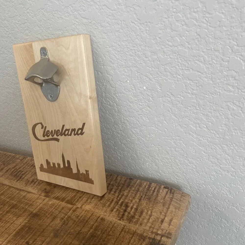 Wooden Cleveland Skyline Engraved Wall Mount Bottle Opener Souvenir City